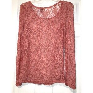 Vtg L Dressy Dusty Rose All Lace Light English LS Blouse Coral Pink Sexy Shirt